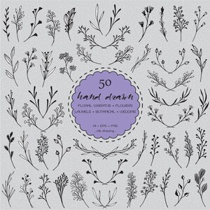 50 Hand Drawn Floral Frames Digital Clip Art - Flower Frames - Wedding Flower - Floral Clip Art - Floral Wreaths -Wedding-Botanicals-Laurels