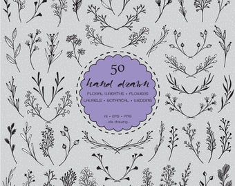 50 Hand Drawn Floral Frames Digital Clip Art - Flower Frames - Wedding Flower - Floral Clip Art - Floral Wreaths -Wedding-Botanicals-Laurels
