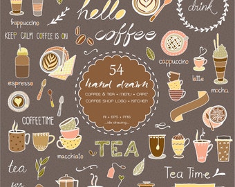 54 Hand Drawn Coffee & Tea Digital Clipart - Coffee Shop Logo - Tea Cup - Cafe’ - Banners - Coffee Menu - Chalkboard - Vector -Kitchen-A Cup
