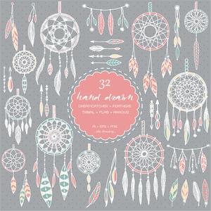 32 Hand Drawn Dreamcatcher  Digital Clip Art 02 - Feathers Clip Art-Tribal-Indian Clip Art-Chalkboard Wedding-Wedding Invitation-Flag-Arrows