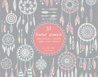 32 Hand Drawn Dreamcatcher  Digital Clip Art 02 - Feathers Clip Art-Tribal-Indian Clip Art-Chalkboard Wedding-Wedding Invitation-Flag-Arrows