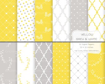 Yellow Grey & White Digital Paper - Yellow Floral Digital Paper -Yellow Pattern-Yellow Digital Paper-Background-Scrapbook Paper-Wedding Card