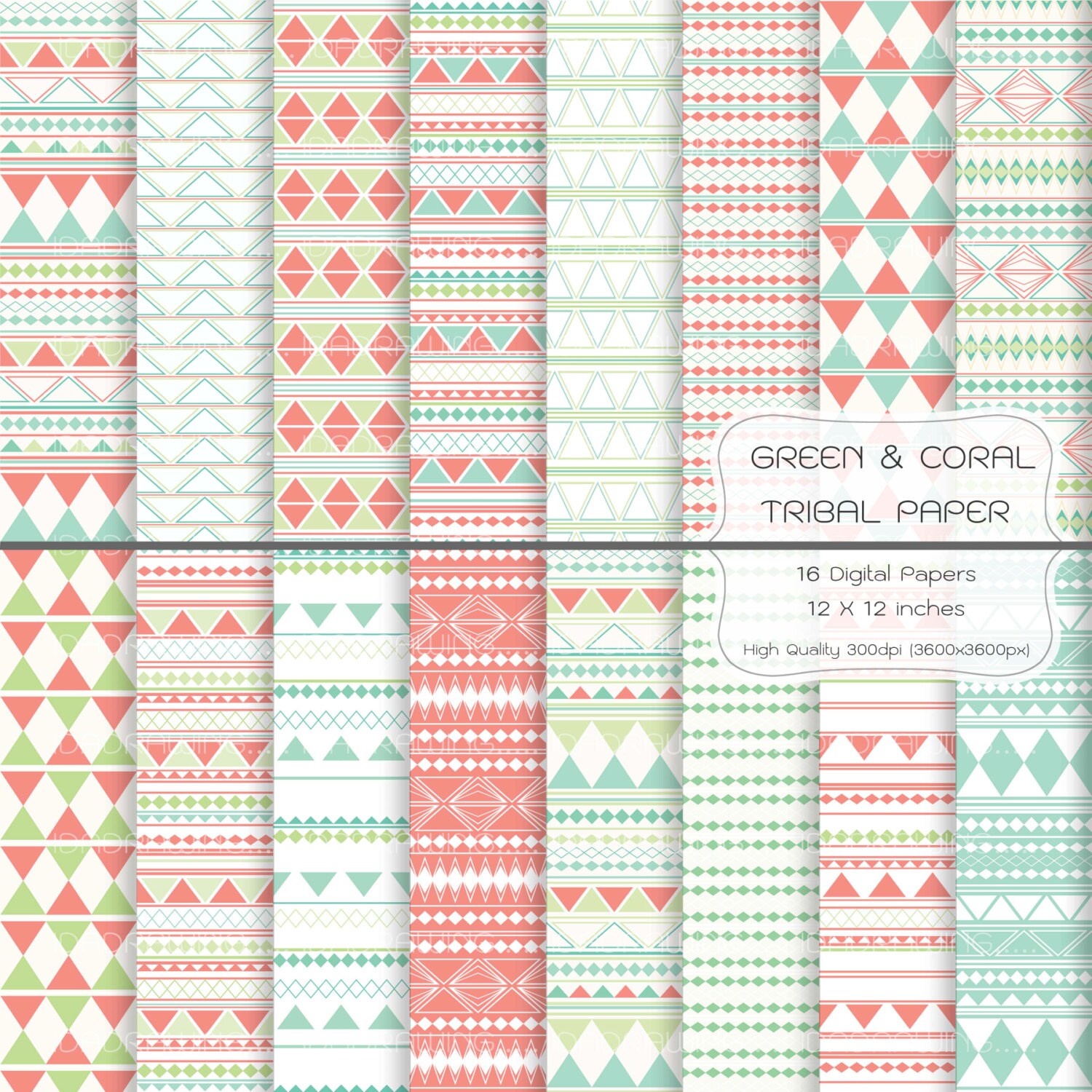 Tribal Digital Paper -  Green & Coral Tribal Digital Paper - Tribal Background - Scrapbook Paper  - Background