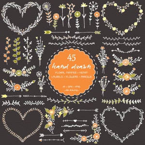 45 Floral Heart Frames Hand Drawn Digital Clip Art - Wedding Floral - Laurels - Arrows - Flower Hand Drawn - Floral Wreaths-Heart-Invitation