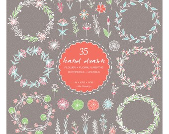 35 Hand Drawn Flowers Digital Clip Art - Flower Wreaths - Wedding Invitation - Chalkboard Floral - Botanicals - Illustrations - Logo -Vector