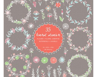 May include: A set of 35 hand-drawn floral wreaths, flowers, and botanicals in white, green, blue, and red on a gray background. The text "35 hand drawn flower floral wreaths botanicals laurels AI EPS PNG - old drawing" is in the center of the image.