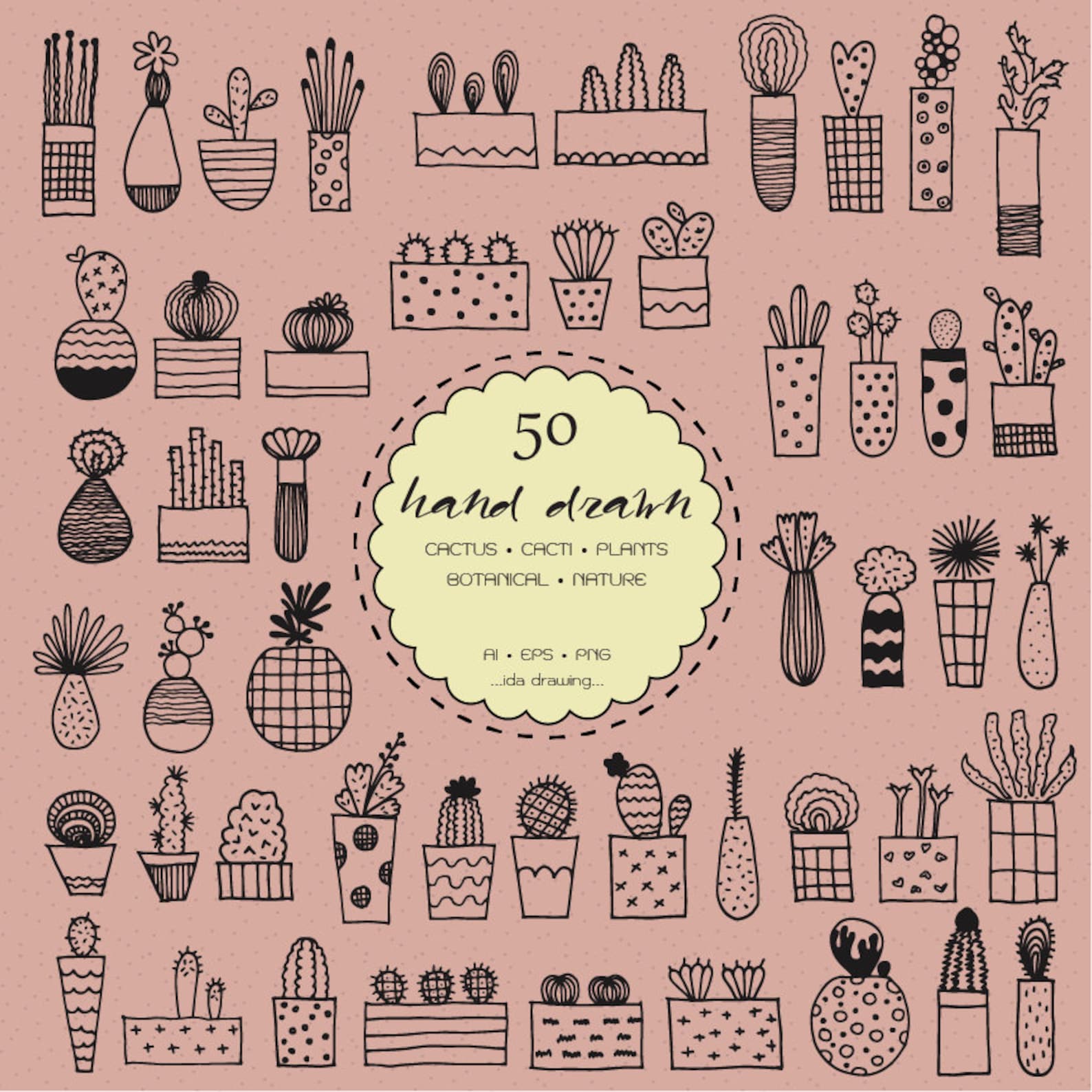 50 Hand Drawn Cactus Digital Clip Art - Cacti - Botanicals - Plants ...