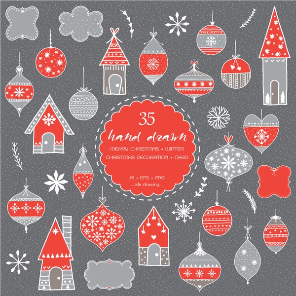 35 handgezeichnete Christmas02 Digital ClipArt - Christmas House-Christmas Ball-Christmas Party-Weihnachten-Tafel-Urlaub Illustration