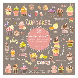60 hand gezeichneten Cupcakes Digital Clipart - süße Cupcake - Kuchen - Backwaren - Schokolade - Dessert - Tafel - Menu - Banner - Geburtstag-Partei