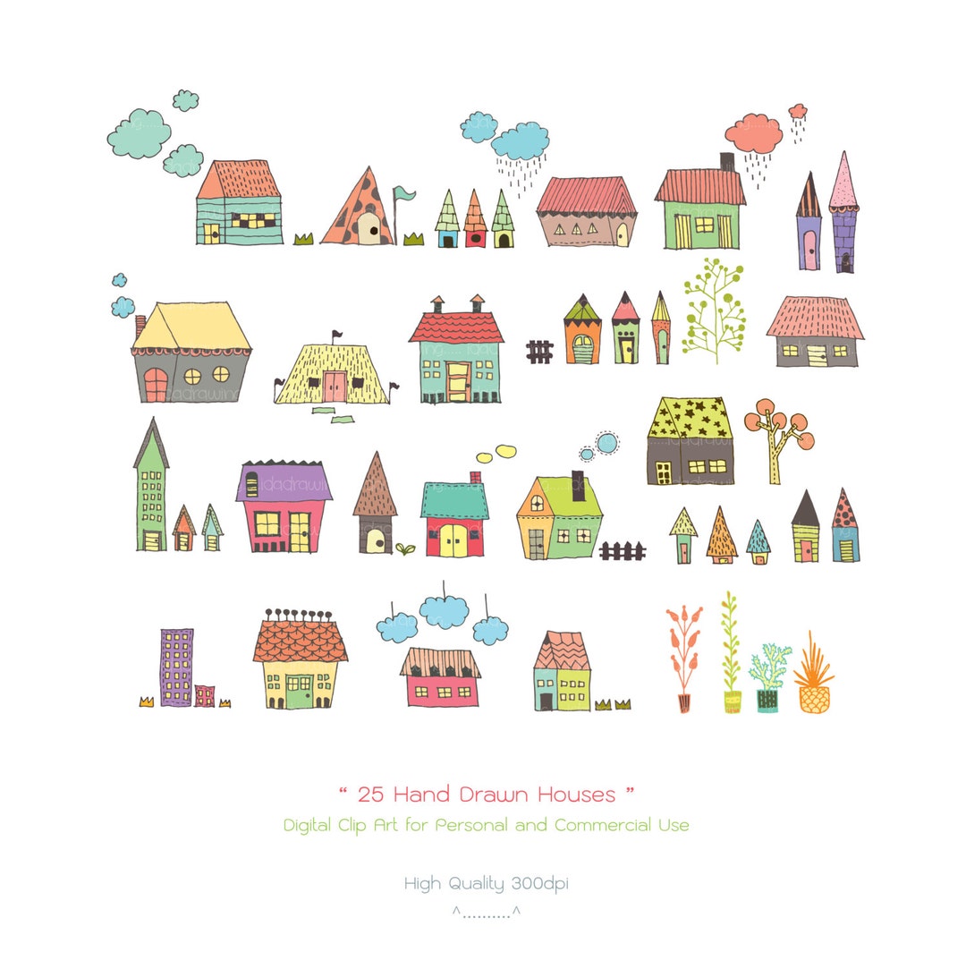 25 Hand Drawn Houses Digital Clipart - Houses Clipart - Hand Drawn ...