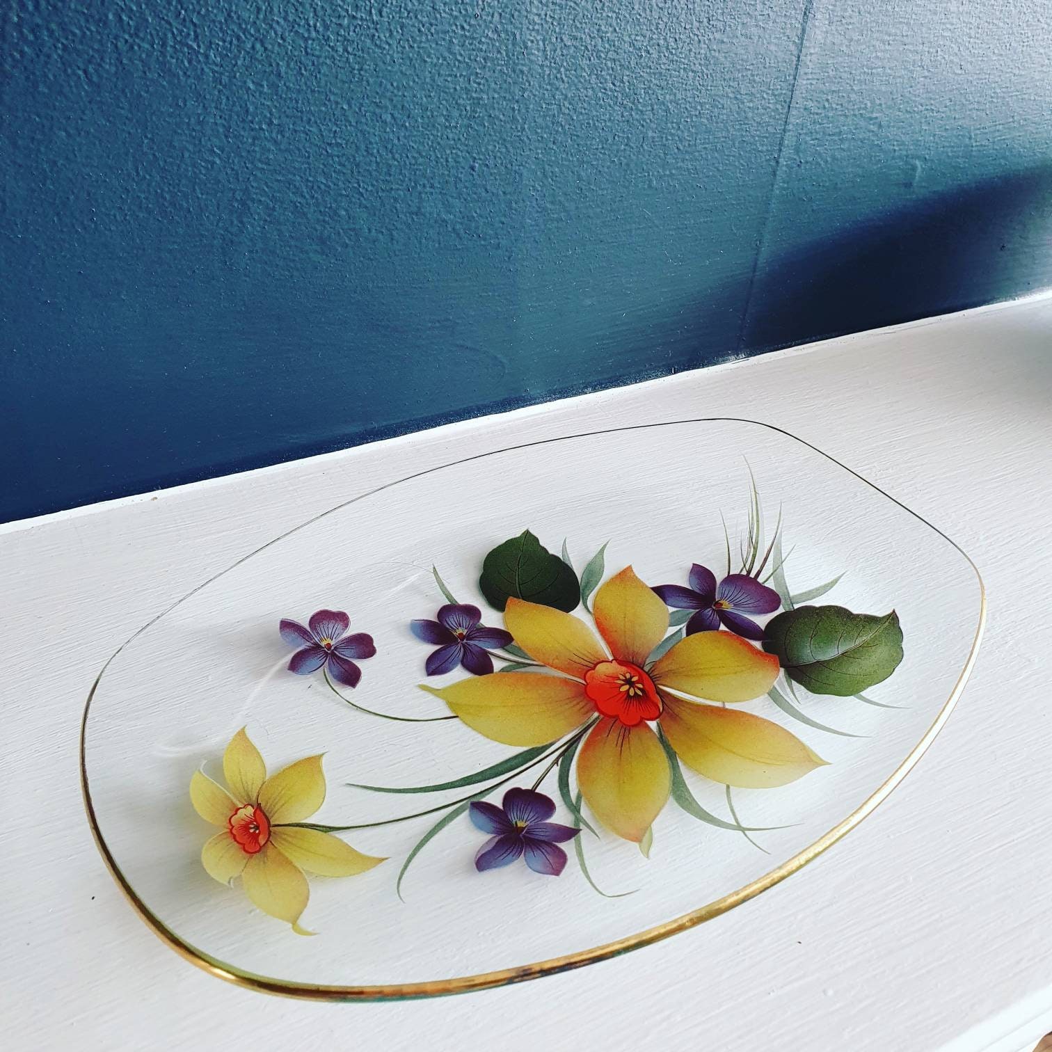 Vintage Clear Glass Tray with a Floral Pattern and Gold Rim Etsy