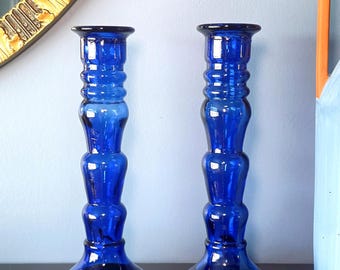 Pair of Cobalt Blue Glass Tall Candlestick Holders