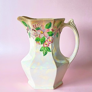 Vintage Ringtons Maling Ware Floral Ceramic Pearl Lustre Jug/Vase, Iridescent/ivory/cream glaze, Pink Floral Design, Roses/Blossom