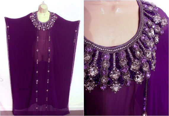Caftan Bohemian Hippie Purple Silk Sheer Beaded Je