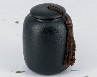 Black Ceramic Canister with Tassel Lid (600ml/20oz): Airtight Stoneware Jar for Dry Goods