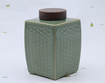 EngiCrafts | Green Ceramic Container Caddy Canister Storage 800ml 27oz Rattan Pattern Gift Box| Tea Coffee Snack Rice Dry Food Airtight