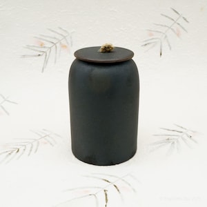 Op de afbeelding: Een donkergrijze keramische pot met een deksel. De pot is cilindrisch met een afgeronde boven- en onderkant. Het deksel is plat en donkerbruin, met een kleine, getextureerde, bruinachtige knop bovenop. De achtergrond is licht met een bladerenpatroon.