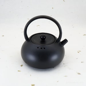 Può includere: Una teiera nera opaca con un corpo arrotondato, un manico curvo e un piccolo beccuccio. Il coperchio ha un piccolo pomello. Tre piccoli fori sono visibili sulla parte anteriore della teiera. La teiera è progettata per preparare il tè.