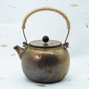 Rustic Ceramic Teapot (450ml/15oz): Wabi Sabi Metal Handle Small Kettle