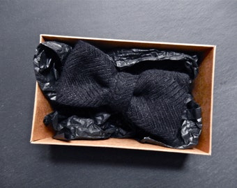 OUTLET. Black Linen Pre-Tied Bow Tie in Chevron Pattern.