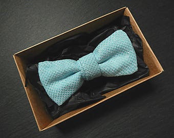 Sky Blue and White Pre-Tied Bow Tie in Diamond Pattern.