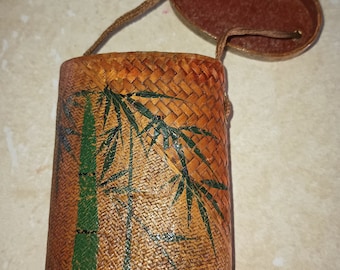 Vintage Japanese Woven Bamboo Tobacco Cigarette Pouch Case Hand Painted