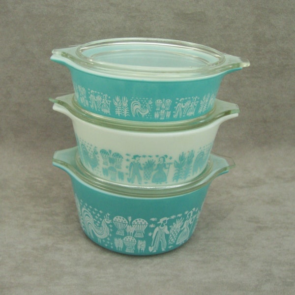 Vintage Pyrex Amish Butter Print Refrigerator Set of 3 Sizes Round Covered Pyrex Set