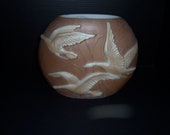 Vintage Phoenix Art Glass Vase Sculpted Consolidated Glass Cameo Glass Brown with White Geese