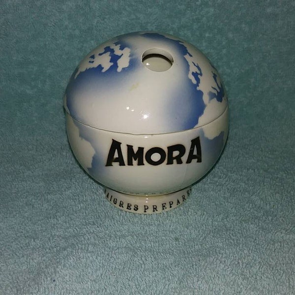 Vintage French AMORA Digoin White & Blue Globe Ceramic Dijon Mustard Jar