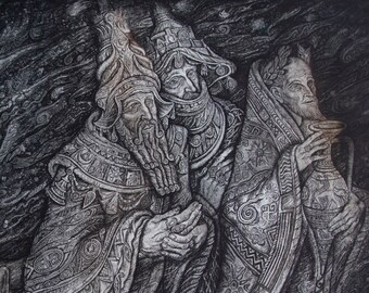 The Three Wise Men II Original Etching by Leonid STROGANOV, Russian Ex Libris Artist. Done in Etching on Paper. Size: 37x38 cm