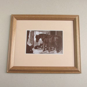 Horse & Goats in Stable &#39;Noonday Rest&#39; by Artist J F Herring Snr (b 1795), Small Vintage Print in Wooden Frame Sized 11 7/10 x 9 7/10 ins