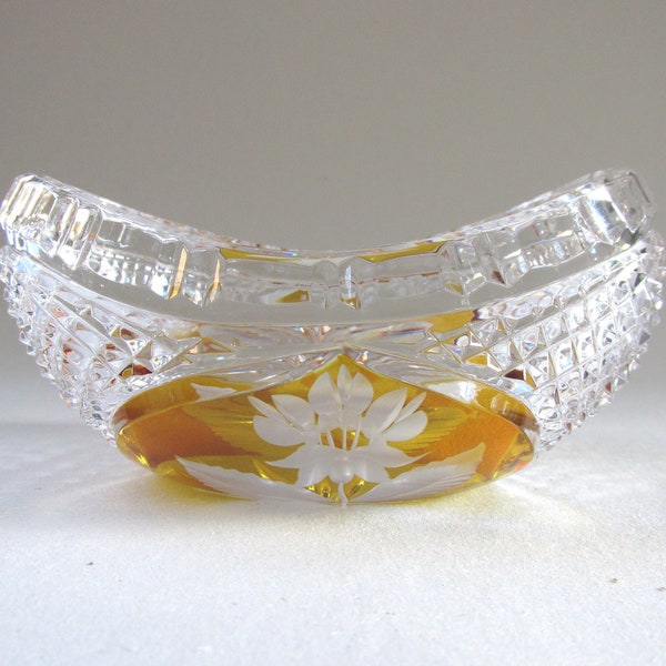 Vintage Small Crystal Glass Bowl, Cradle Shape, Etched Flowers, Clear and Rich Yellow, L 12.5cm, 4 9/10 inches