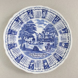 Vintage Myott Pottery Plate with Calendar Zodiac Signs Decor &#39;God Bless Our House Throughout 1980&#39;, Dia 9 inches, blue and white