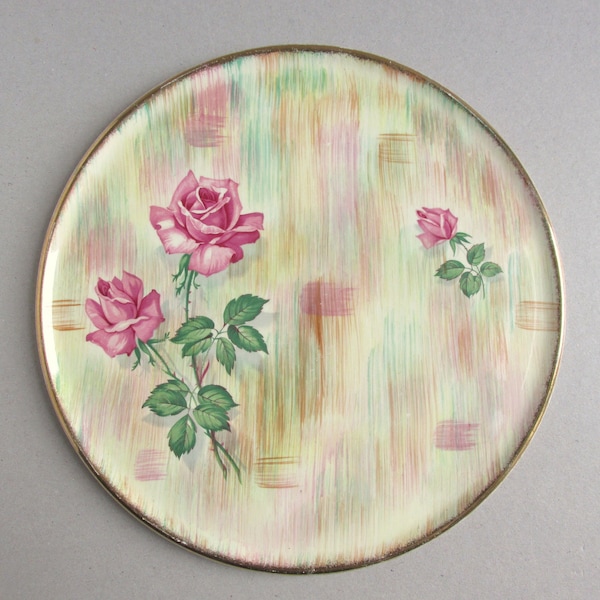 Vintage 1950s 1960s Flat Plate, Pink Roses and Pastel Lines Pattern, Royal Tudor Ware Barker Bros Pottery, Dia 11"