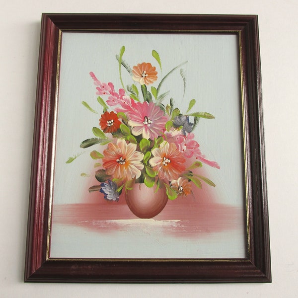 Vintage Painting of Vase of Flowers, Pinks and Blues, Unsigned Artwork, in Frame Sized 10 8/10 x 9 1/10 in