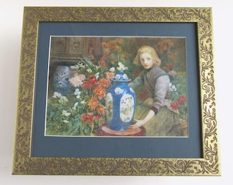 Golden Hair & Powder Blue by Hector Caffieri (b 1847) Framed Vintage Art Print, Girl with Flowers and Vase,  13 7/8 x 11 7/8 inches max