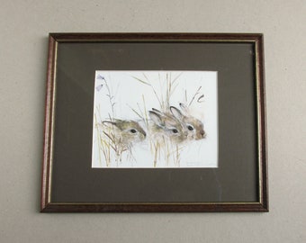 Young Hares by Mads Stage, Small Vintage Wildlife Art Print in Wooden Frame Sized 10 7/10 x 8 8/10 inches