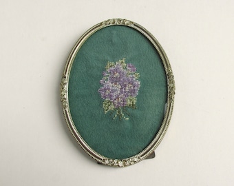 Antique Petit Point Embroidery of Violet Flowers on Green Material in Small Oval Frame Size 5 1/8 x 3 7/8 ins