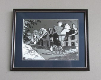 Chiddingstone Kent, Vintage Dufex Silver Foil Print, English Village Street w Horse and Farmer, in Wooden Frame Sized 10 7/10 x 8 7/10 in