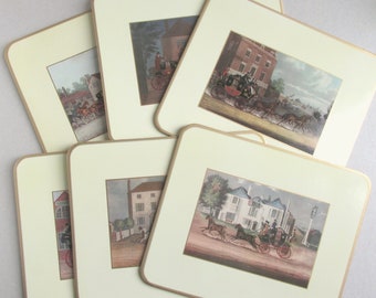 Set of 6 Vintage Picture Tablemats of Horse and Carriage Scenes, Georgian Victorian Artwork, 9 9/10 x 8 1/4 in