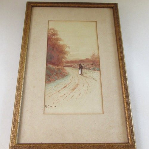Antique Watercolour Painting, Woman Walking Down Country shops Lane, Artist G. W. 1910, Framed Size 12 3/8 x 8 ins