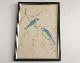 Vintage Watercolour Bird Painting of Two Blue Yellow Birds on a Branch by M Billany 1992 in Frame Sized 12 4/10 x 9 in