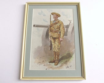 Framed Antique Soldier Art Print 'Ready' by J C 1900, 11 1/2 x 8 1/2 inches max, frame age/wear