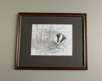 Badger by Mads Stage, Small Vintage Wildlife Art Print in Wooden Frame Sized 10 7/10 x 8 7/10 inches