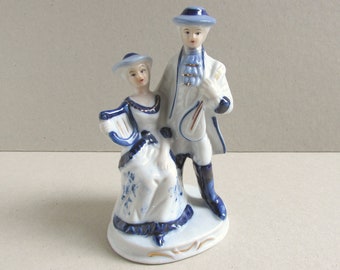 Vintage Pottery Ornament of Regency Musician Couple (Harp and Guitar), H 5 2/10 ins, Small Defects