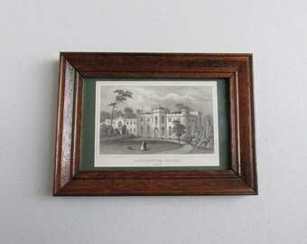 Antique Roehampton Priory Surrey Engraving Print, Miniature Artwork of House & Garden in Dark Wood Frame Sized 7 x 5 inches