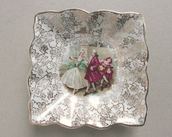 Vintage Pottery Dish, Fragonard Courting Couple & Musician, by Midwinter England, W 5 4/10 ins