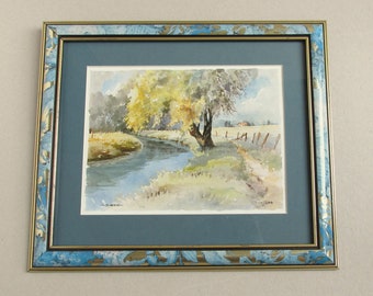 Lazy River by Gunther Plate (b 1925) Vintage Framed Art Print, Impressionist River Trees and Path, 13 8/10 x 11 8/10 ins incl frame