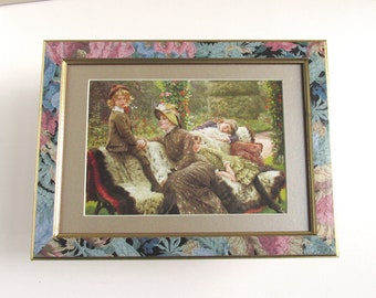 The Garden Bench by James Tissot (b 1836) Framed Vintage Art Print of Mother & Children 13 1/4 x 10 inches max