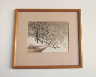 Kingfisher in Winter by Robert Manly, Small Vintage Art Print, Artist Signed, in Wooden Frame Sized 11 1/2 x 10 1/10 in
